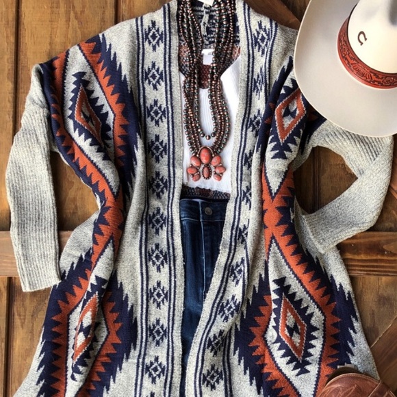 New Aztec Print Knit Cardigan Long Cozy Winter Sweater - Picture 5 of 5